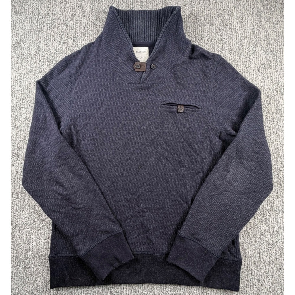 Billy Reid Shawl Collar Pullover Men Large Navy Blue Textured Button‎ Sweater